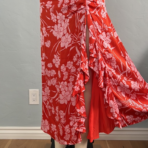 NWOT SONG OF STYLE Zahir Ruffle Satin Floral Print Skirt - Red Dahlia - Small - Picture 4 of 13